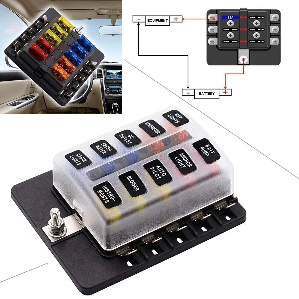 10 Way Circuit ATO ATC Blade LED Fuse Box Block Holder for Car