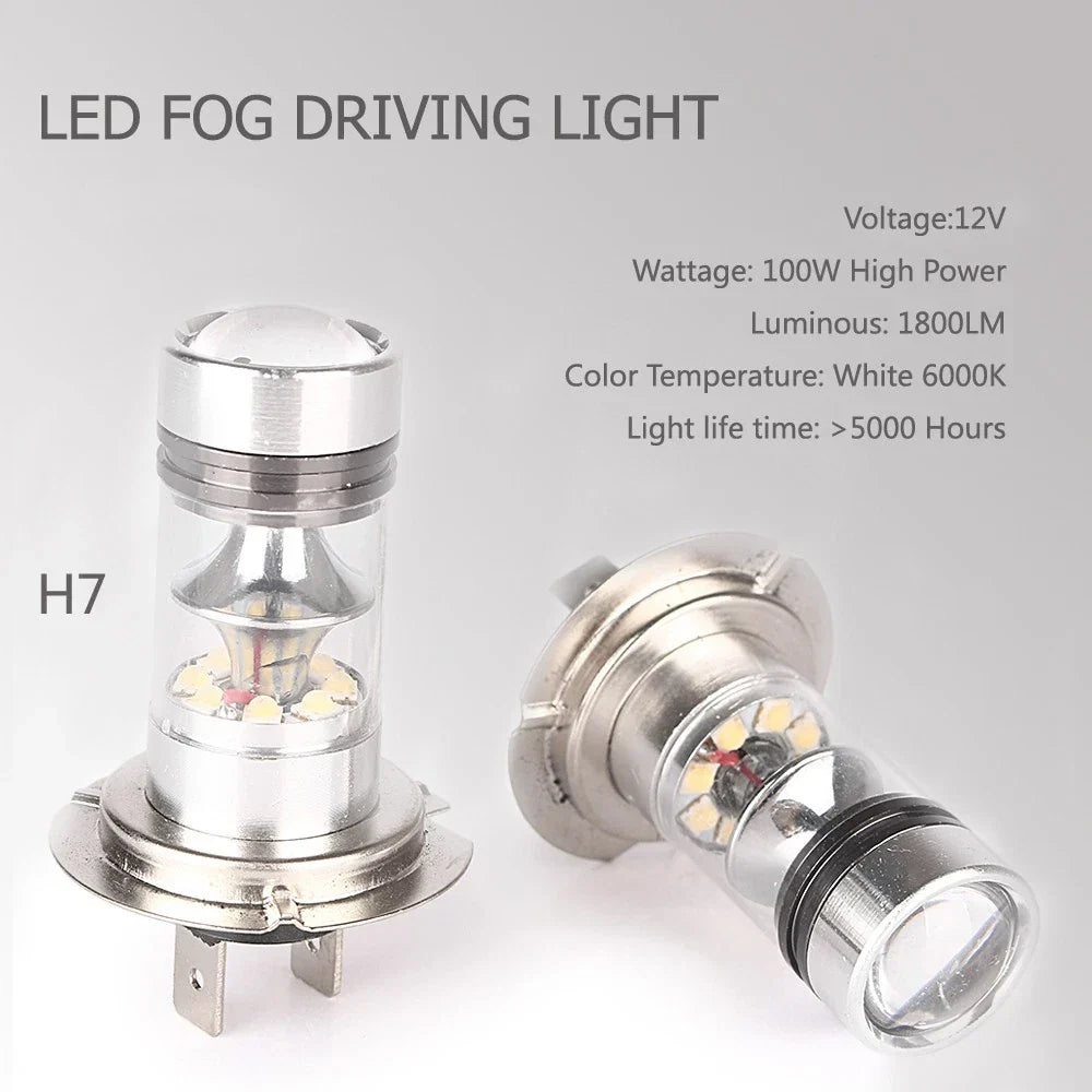 6000K H7 100W LED 20-SMD Projector Fog Driving DRL Light Bulbs for Car
