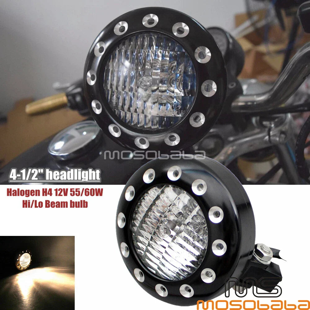 Drilled Headlight 4.5" for Harley Cafe Racer Sportster Chopper
