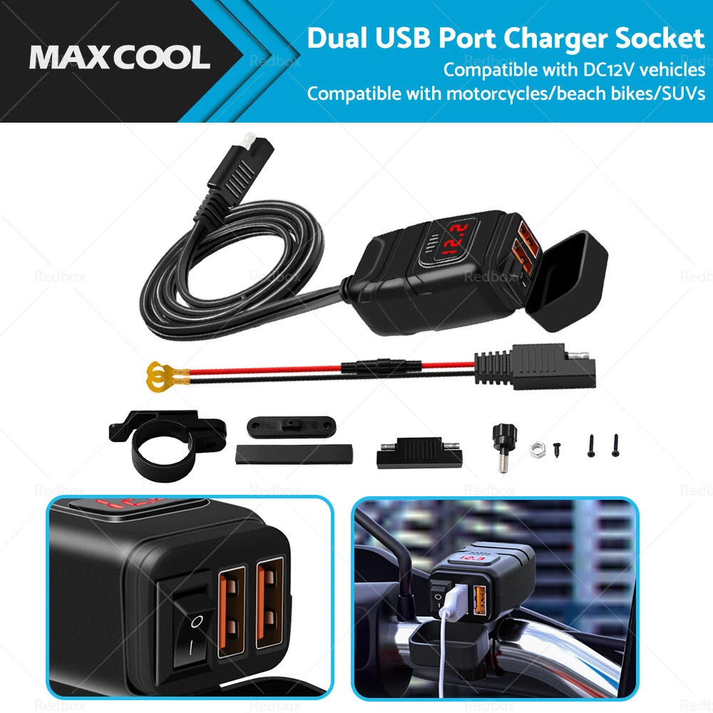 Dual USB Fast Charger Socket with LED Voltmeter for Motorcycle