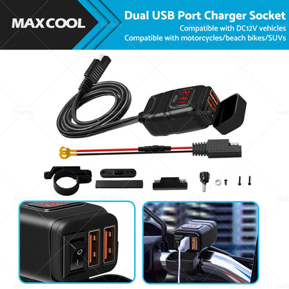Dual USB Fast Charger Socket with LED Voltmeter for Motorcycle