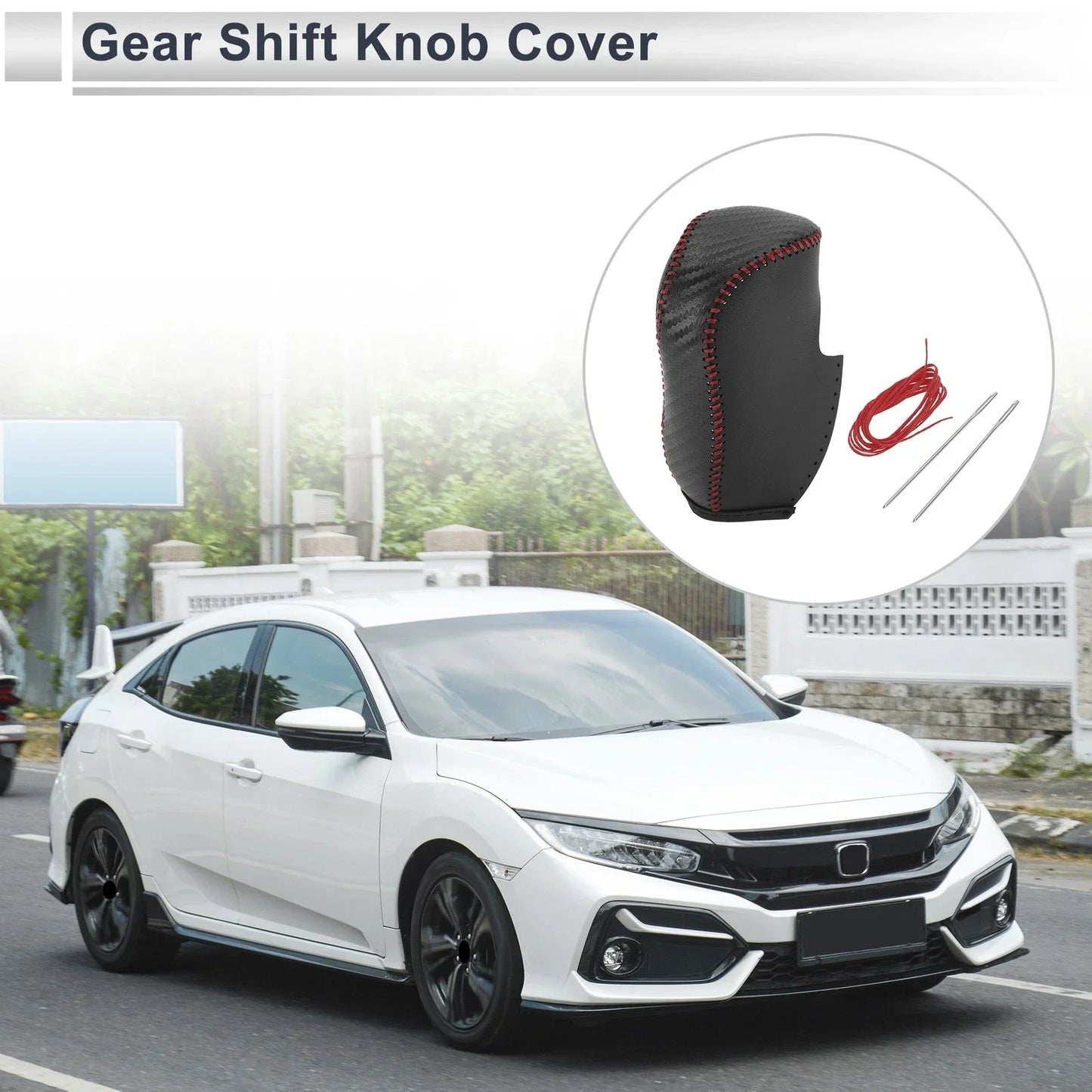 Gear Shift Knob Cover for Honda Civic 2012-2014 Black Carbon Fiber Red