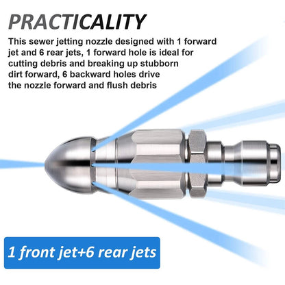 Sewer Jetter Nozzle 1/4" for Pressure Washer - Drain Cleaning
