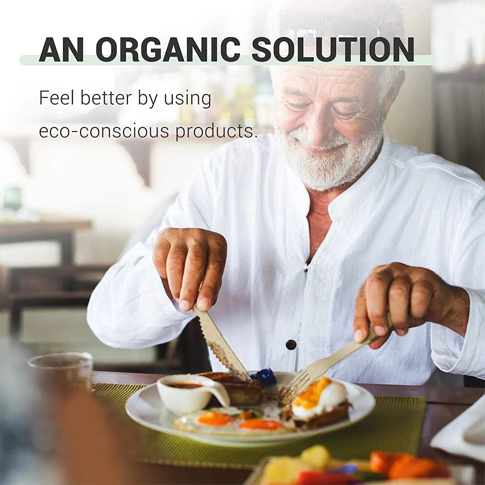 300 x Wooden Cutlery Set - Disposable Bamboo Forks, Spoons, Knives - Eco Friendly