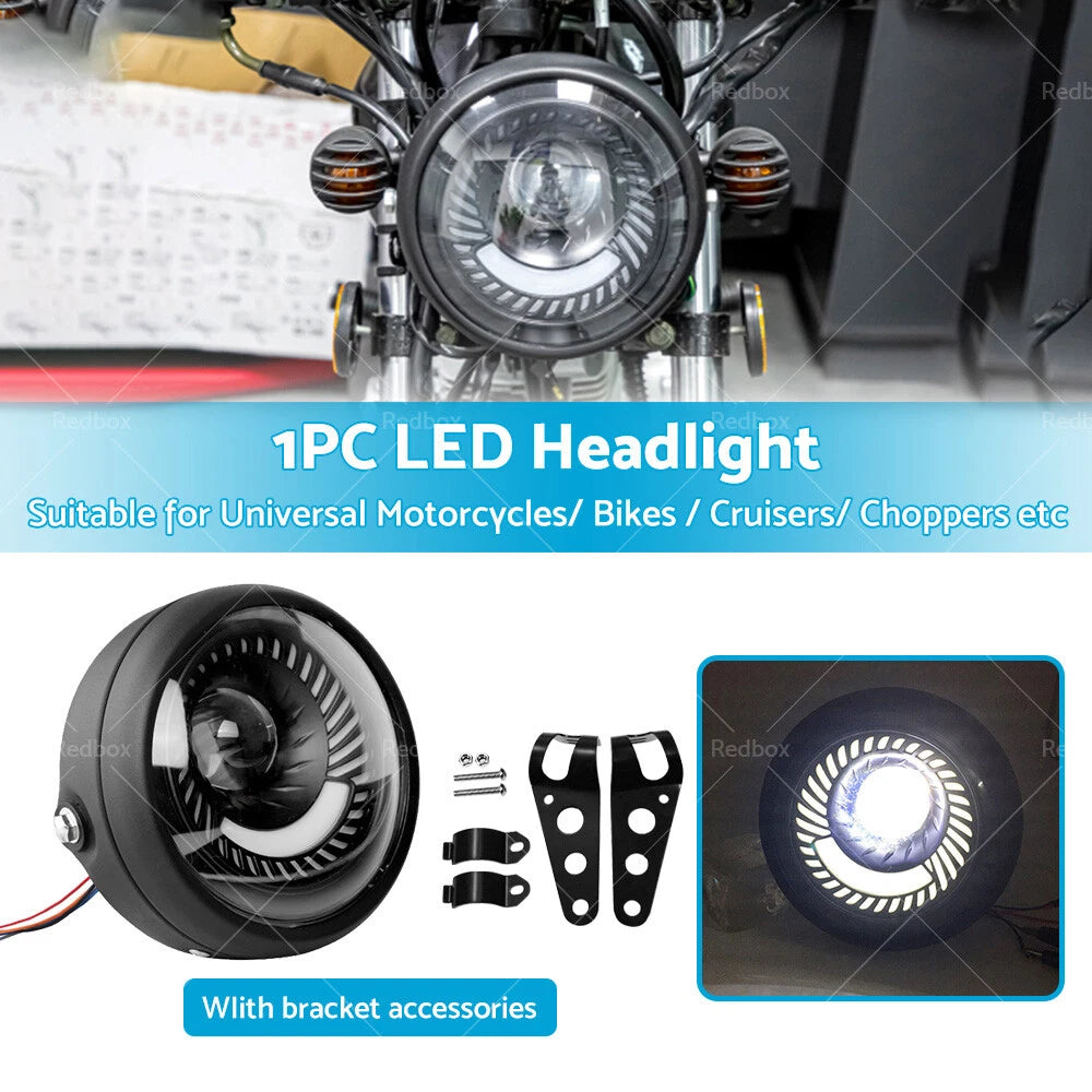 6.5" LED Headlight & Spiral Side Mount Bracket for Cafe Racer Motorcycle