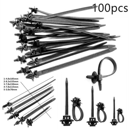 100 Pack / Multiple Size / Car Harness Wire Clips Ties Push Rivet