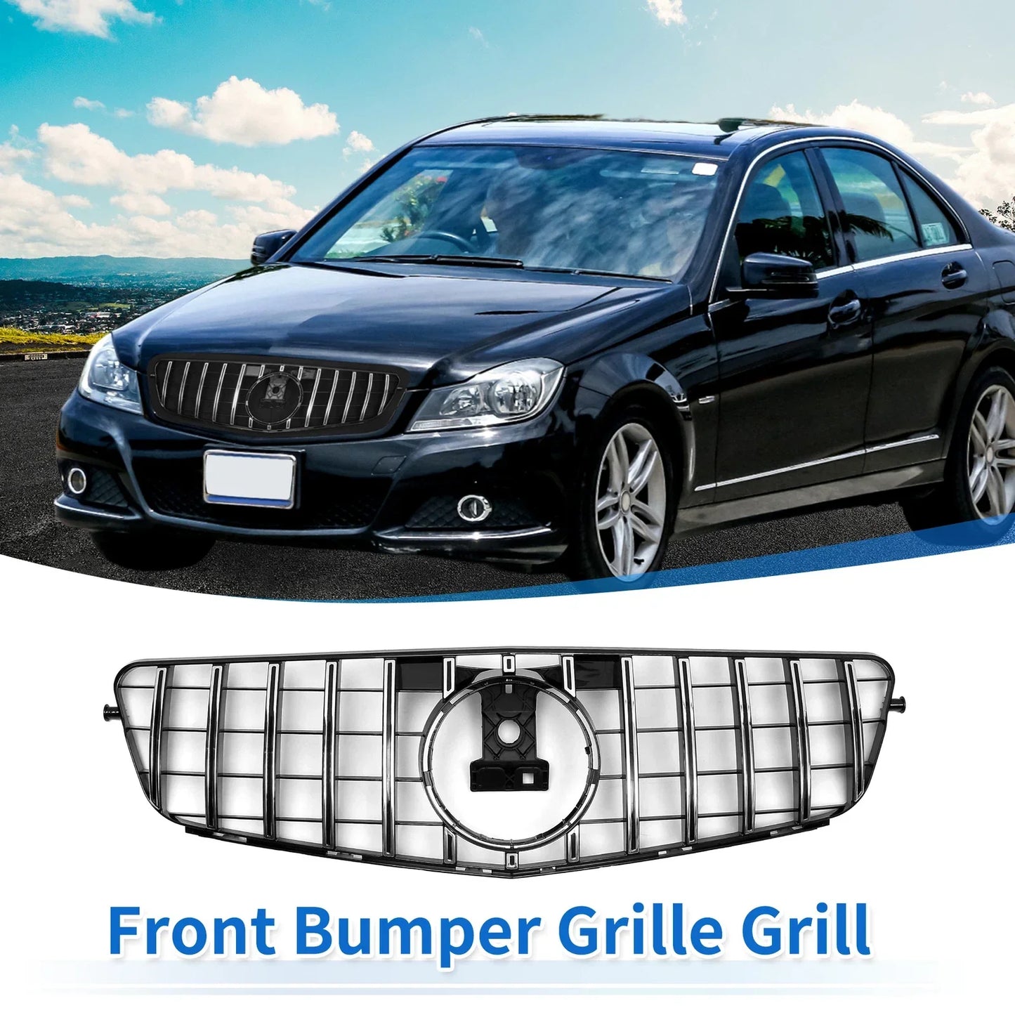 Front Upper Bumper Grille for Mercedes-Benz C200 (2015-2020) Black Chrome