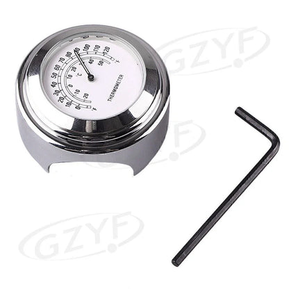 7/8" Handlebar Temp Dial Clock Thermometer for Motorcycle Chrome White