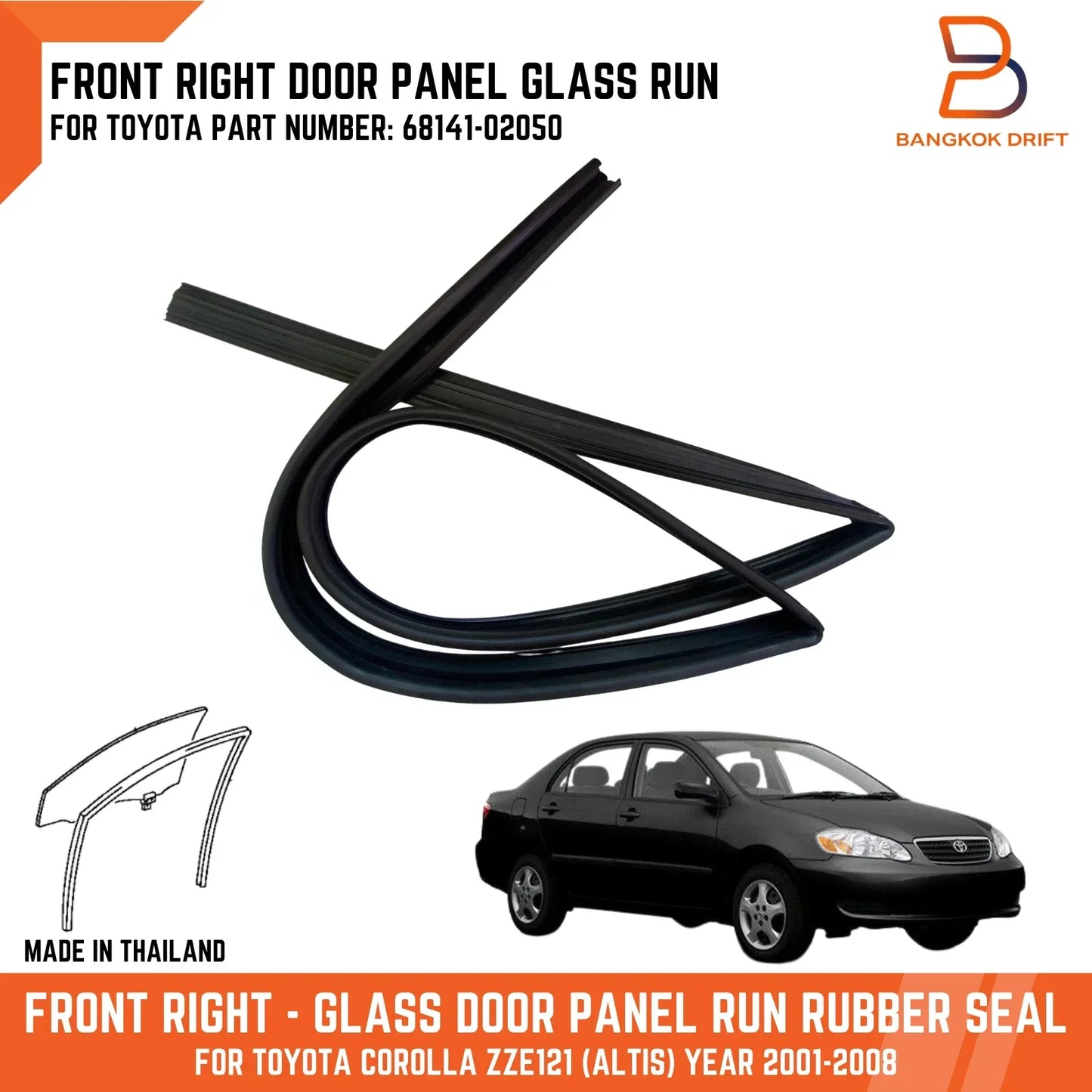 Front Right Door Glass Run Channel Seal for Toyota Corolla Sedan (01-08)