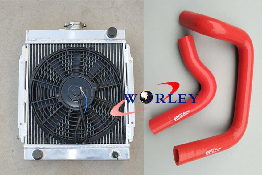 3 Row Aluminum Radiator + Fan + Blue Hose for Datsun 1200 (1970-1976)