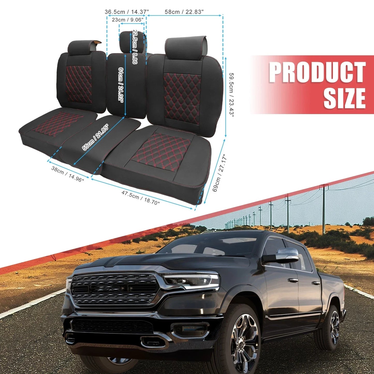 Car Rear Seat Covers Protectors for Dodge Ram Black Red 3 x Pieces