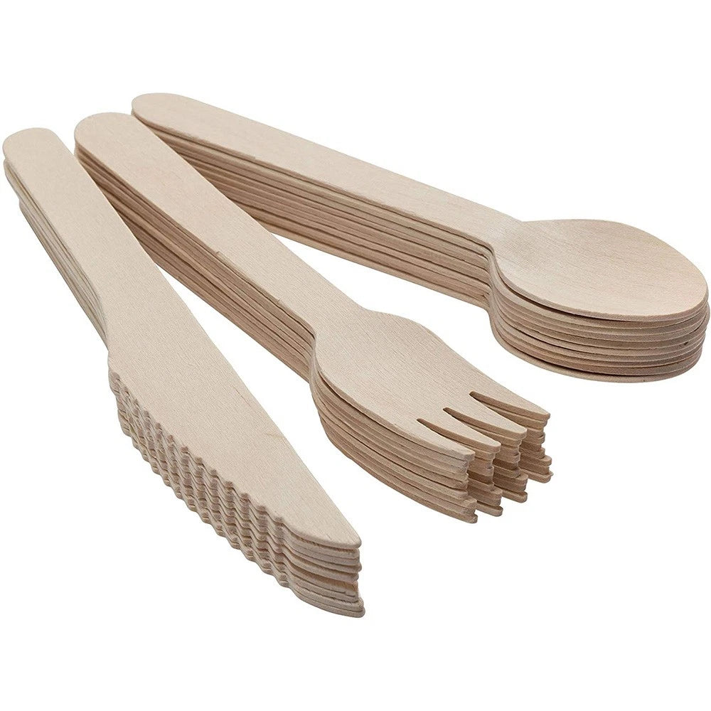 300 x Wooden Cutlery Set - Disposable Bamboo Forks, Spoons, Knives - Eco Friendly