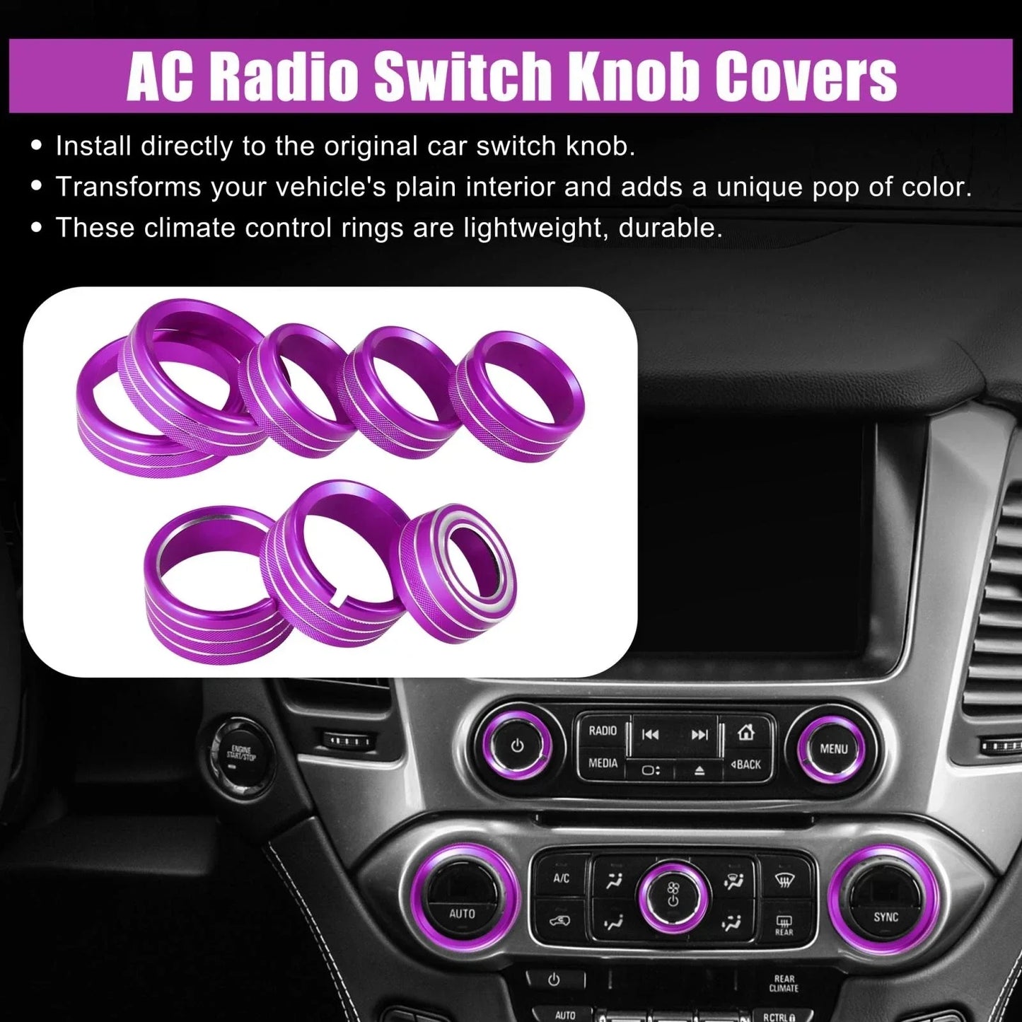 8 Pcs Purple AC Radio Switch Knob Covers for Chevy Silverado, GMC Sierra (14-18)