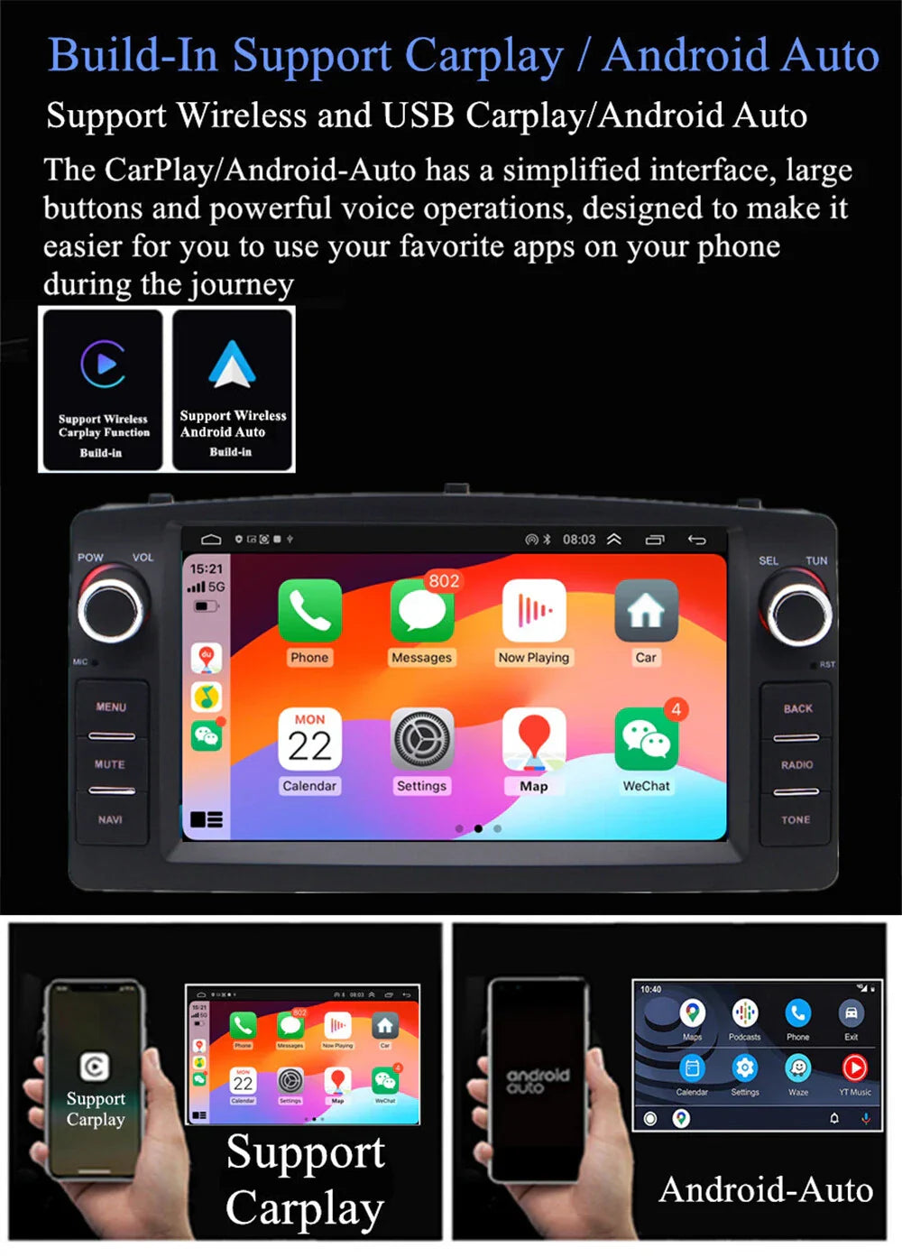 7'' Carplay Stereo Radio GPS Navigation for Toyota Corolla (2003-2008)