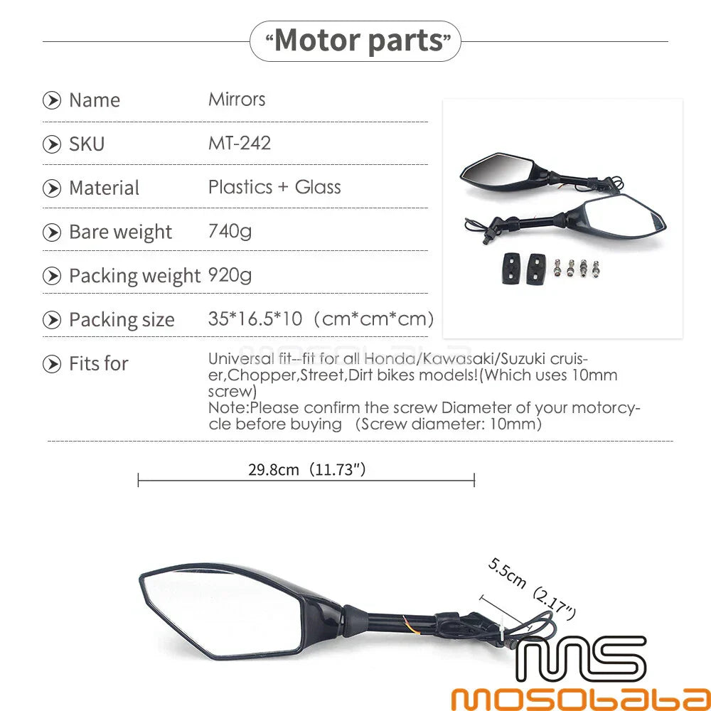 LED Turn Signal Integrated Mirrors for Kawasaki Z1000 Z750 KLX GSXR CBF600 Honda (2003-2023)