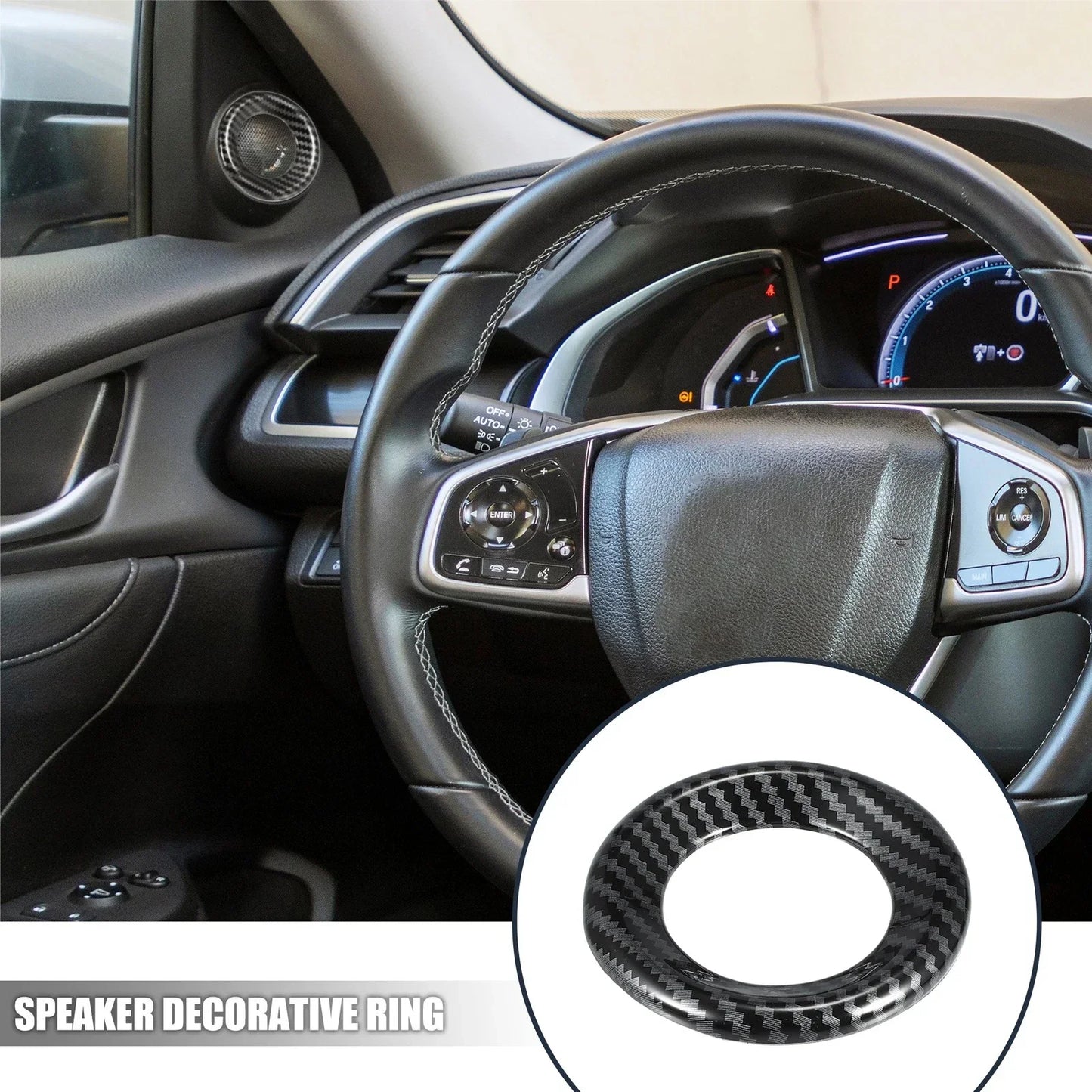 2 x Car Loudspeaker Circle Trims for Honda Civic (2016-2023) - Carbon Fiber Black