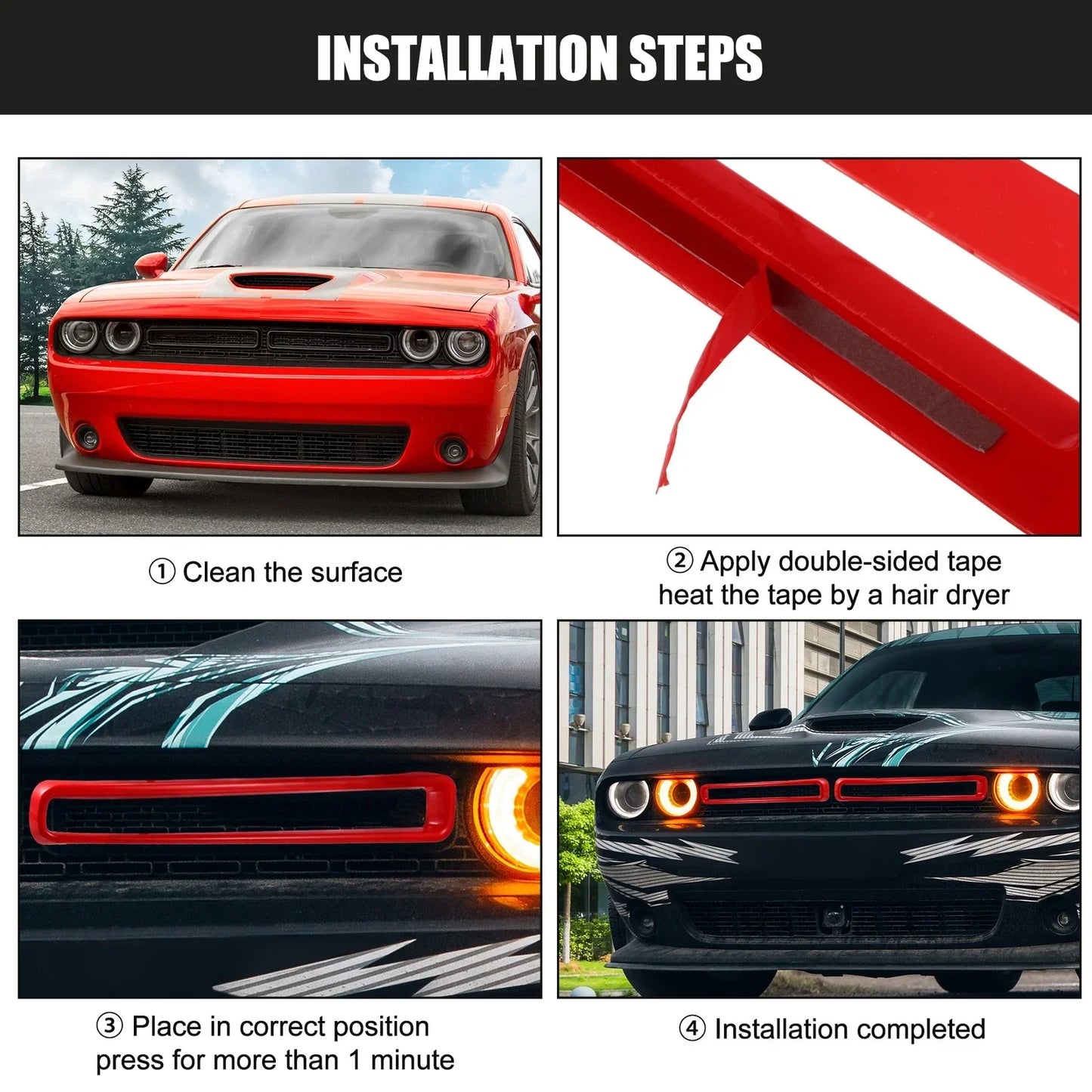 Front Grill Mesh Grille Inserts for Dodge Challenger 2015-2022 Red Trim