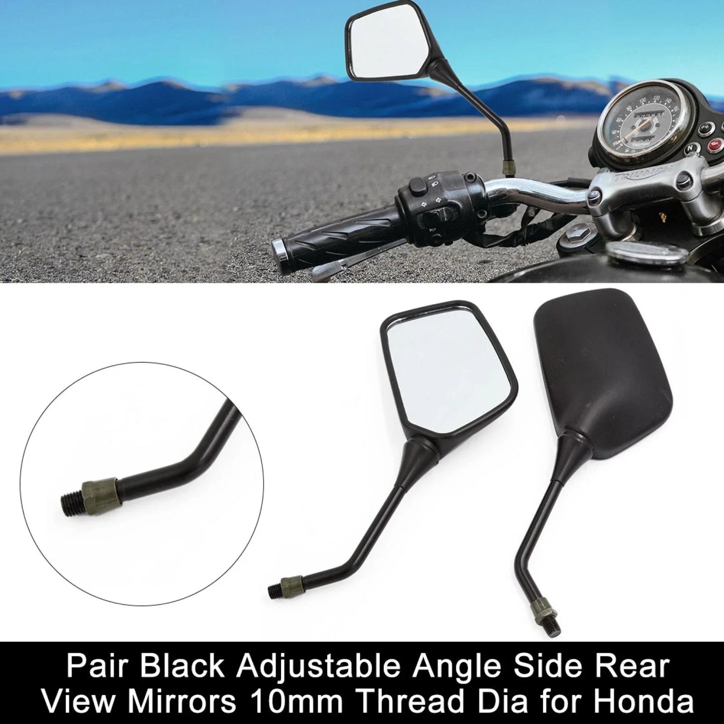 Black Adjustable Angle Side Rear View Mirrors 2 x 10mm Thread Dia for Honda