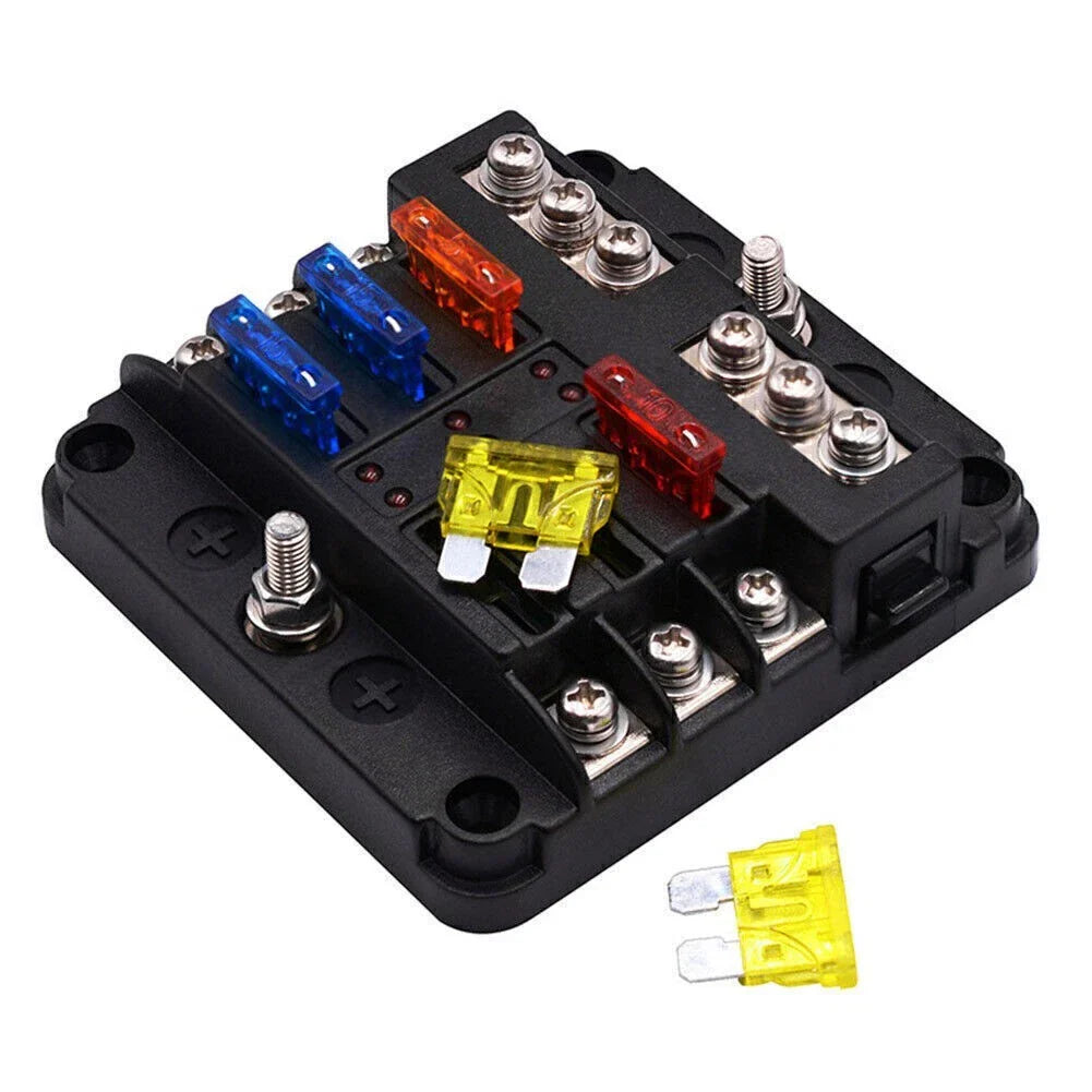 6-Way Blade Fuse Box Block Holder with LED Indicator for Marine RVs Boats