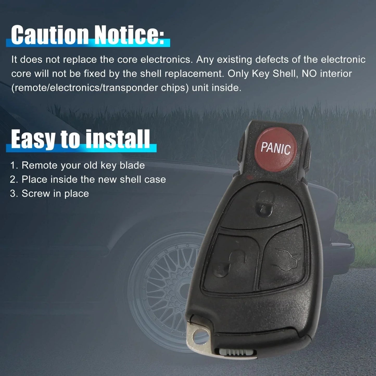 Key Fob Shell Case for Mercedes-Benz 4 Button Black (2010-2015)