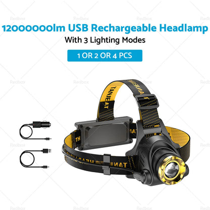 12000000lm LED Headlamp USB Rechargeable Headlight for Car