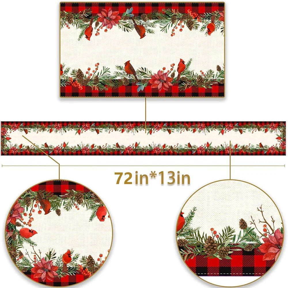 Christmas Cardinal Table Runner 13" x 72" Buffalo Plaid Poinsettia Holly