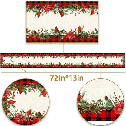 Christmas Cardinal Table Runner 13" x 72" Buffalo Plaid Poinsettia Holly