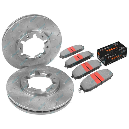 2 Front Disc Rotors Slotted + Drilled + 4x4 Brake Pads for Patrol GU Y61 1997~15