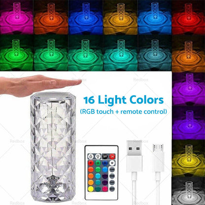 Crystal Table Lamp with USB & 3/16 Color LED Light for Rose Diamond Touch