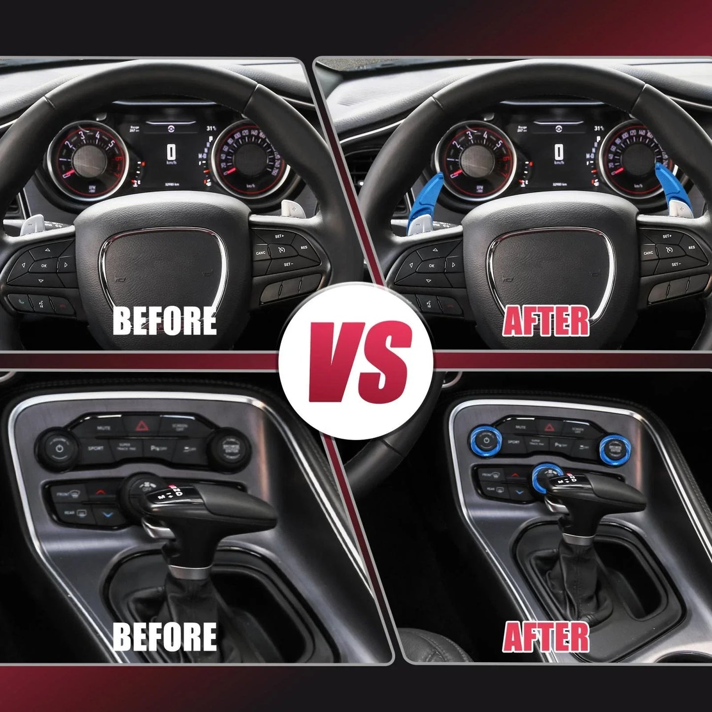 Blue Steering Paddle Shifter & AC Volume Knob Cover Ring Trim for Dodge Charger