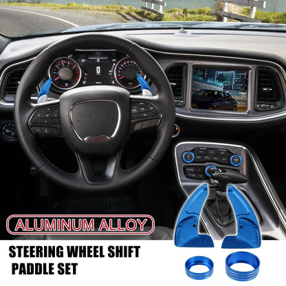 Blue Steering Paddle Shifter & AC Volume Knob Cover Ring Trim for Dodge Charger