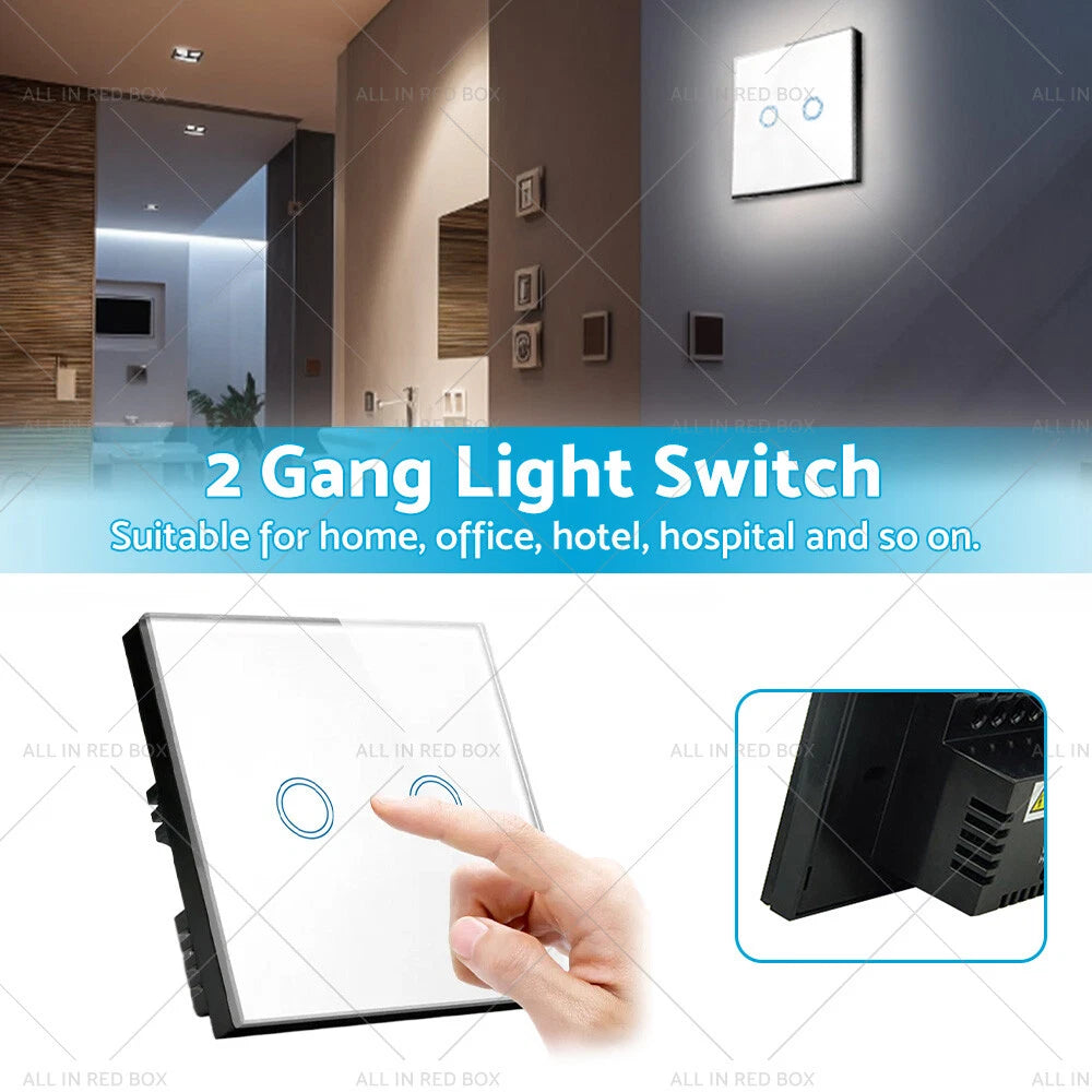LED Touch Wall Light Switch 2 Gang 1 Way Glass 87x87mm for Home Decor