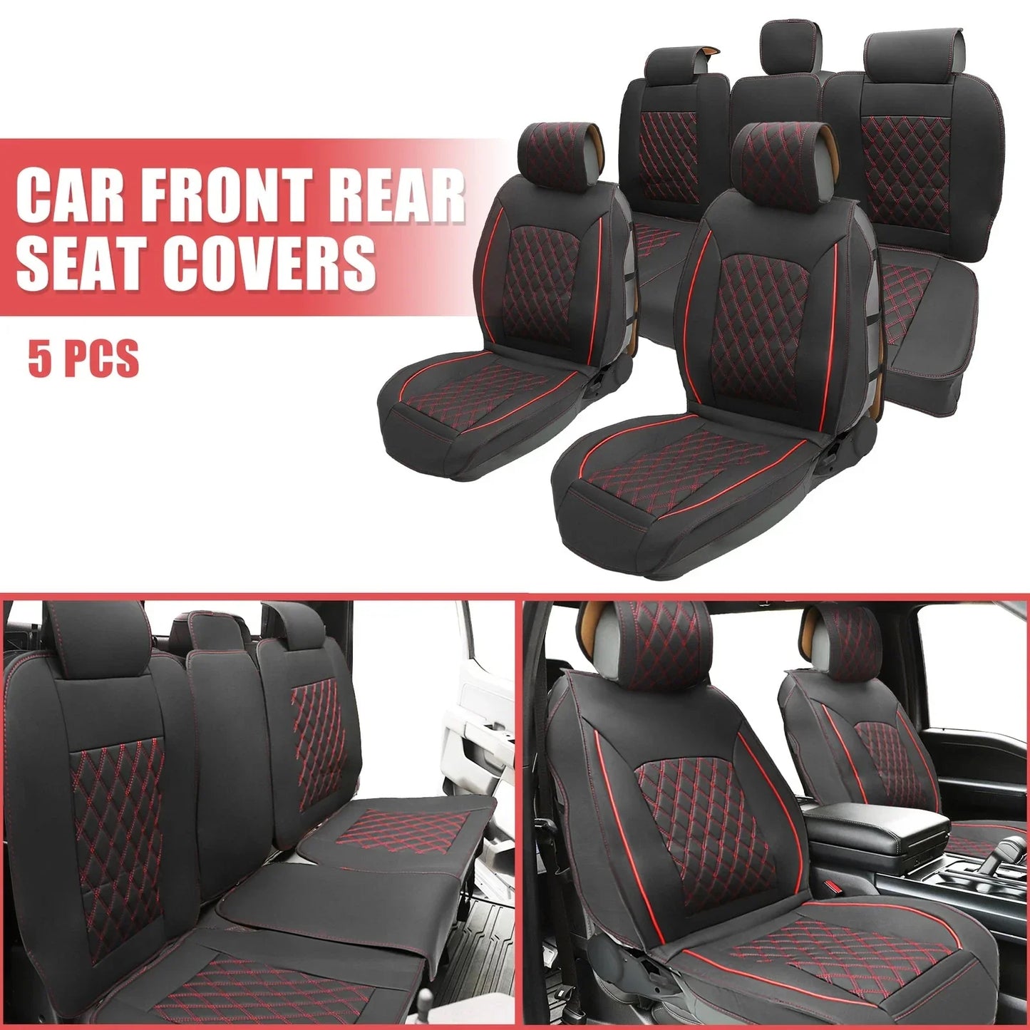 Car Front Rear Seat Covers for Dodge Ram 1500 2009-2023 Black Red 5 x Pcs