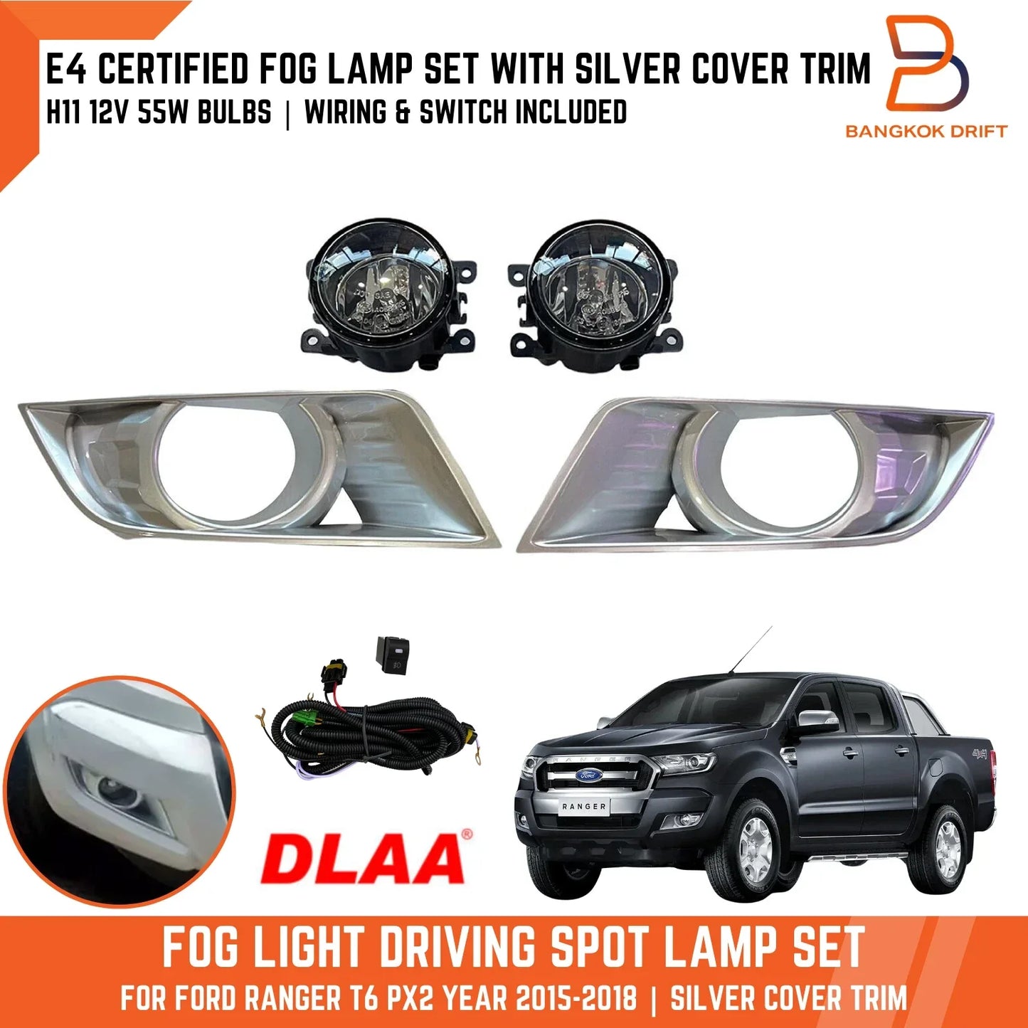 Grey Cover Fog Lamp Spot Light for Ford Ranger Ute T6 PX2 (2015-2018)