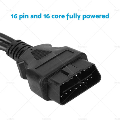 12" OBD2 16 Pin Splitter Extension Cable Male to Dual Female Y Lead