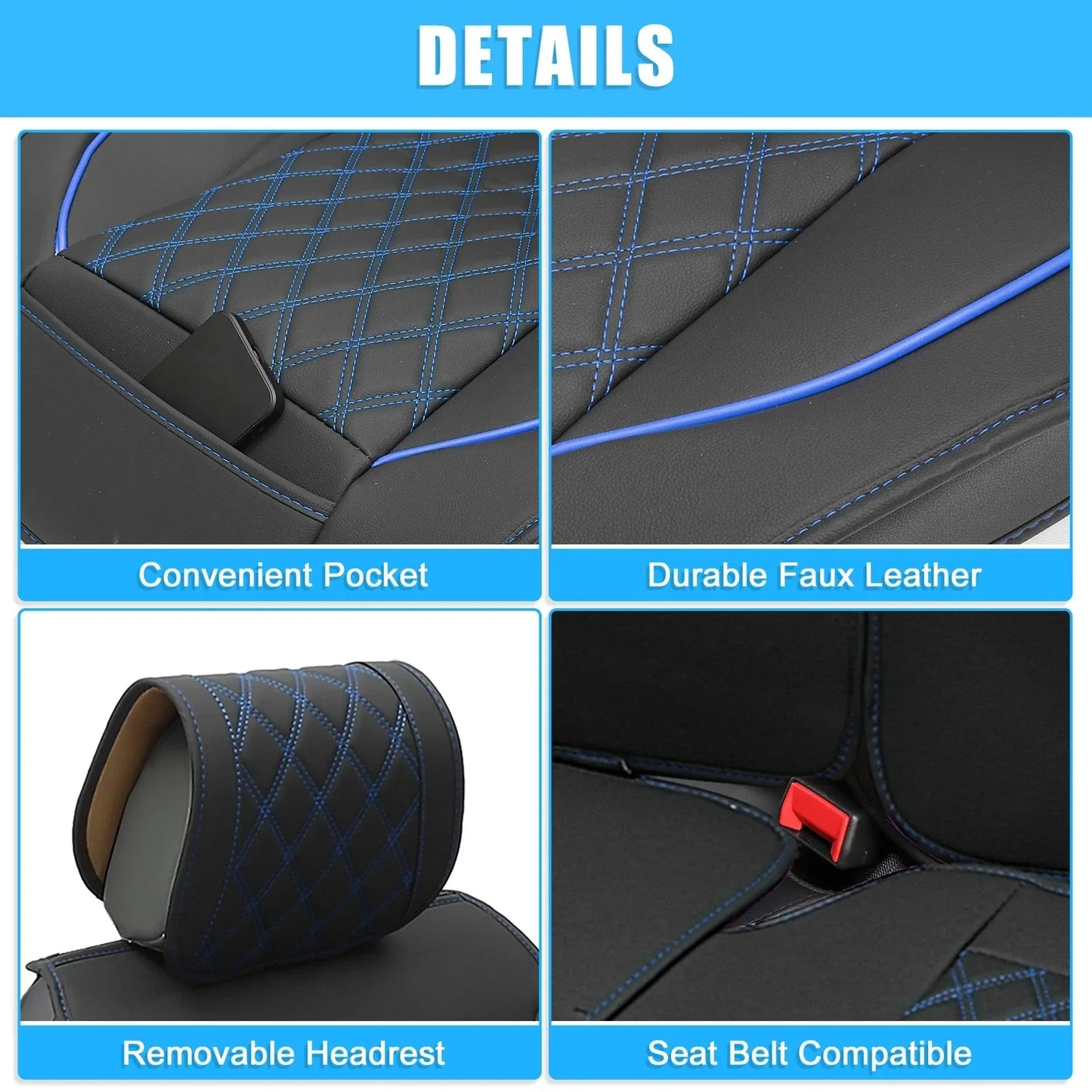 Front Seat Covers for Dodge Ram 2009-2023 Black Blue 2 x Cushion Covers