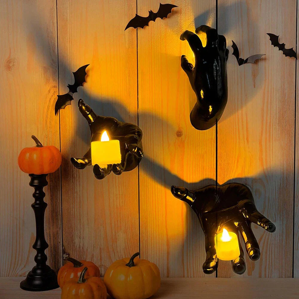3 x Wall Mounted Creepy Reaching Hands with Lighted Candles for Decoration