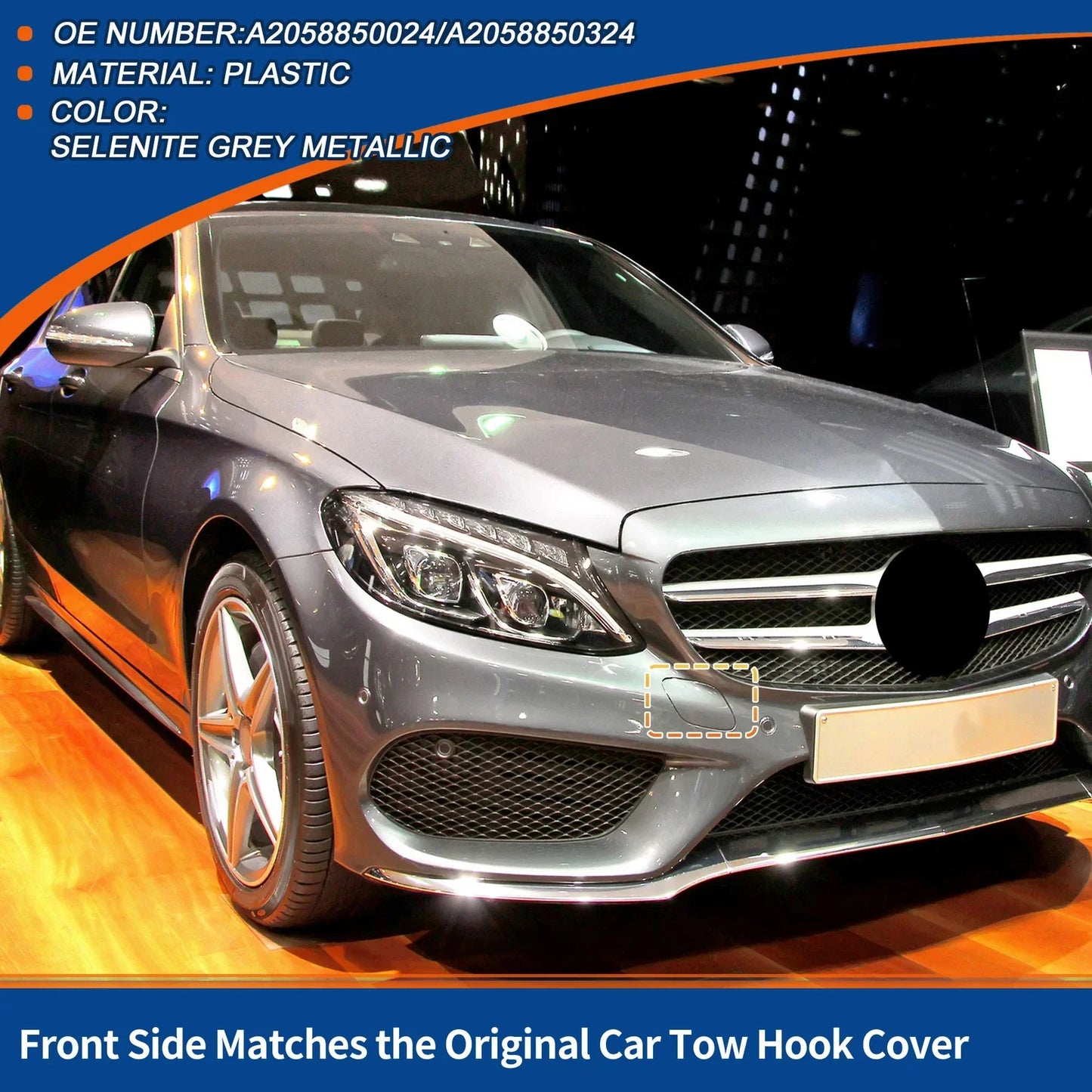 Front Car Bumper Tow Hook Cover for Mercedes-Benz C300 (2015-2018) Grey