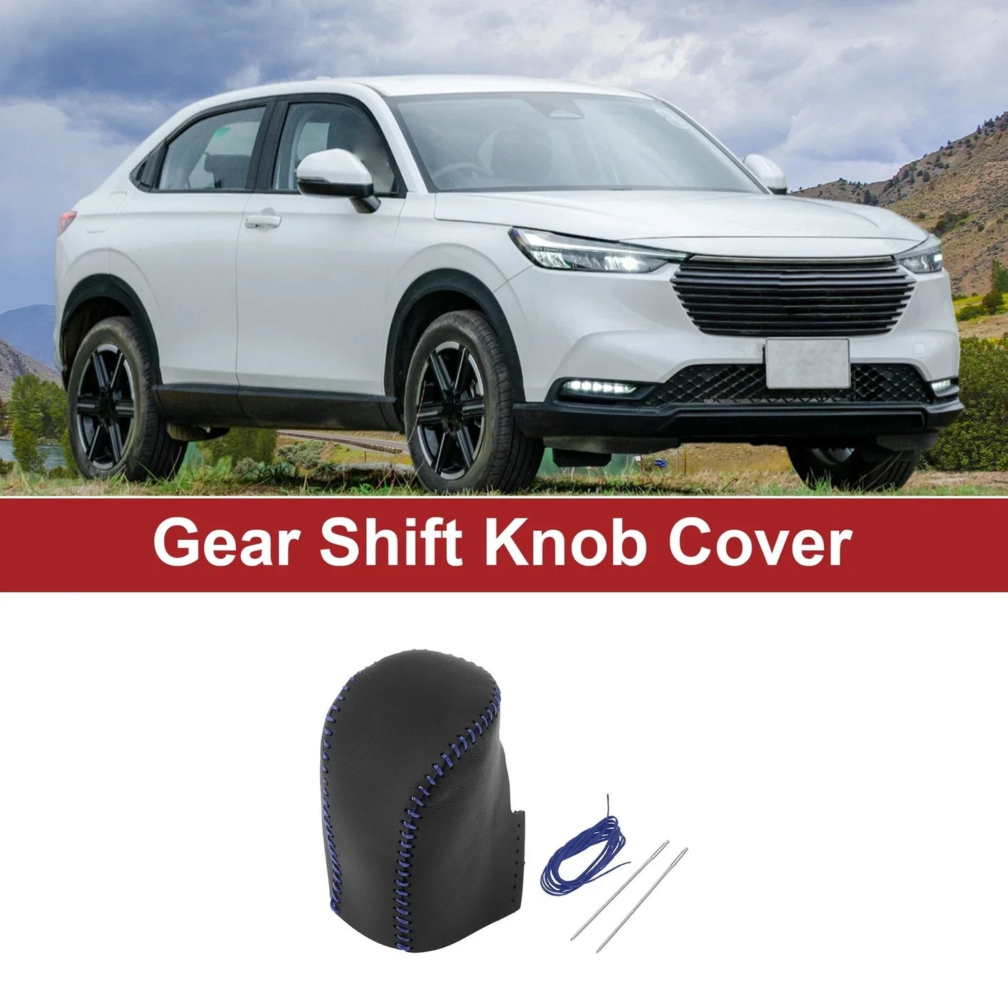 Gear Shift Knob Cover for Honda HR-V 2023-2024 Black Blue Faux Leather