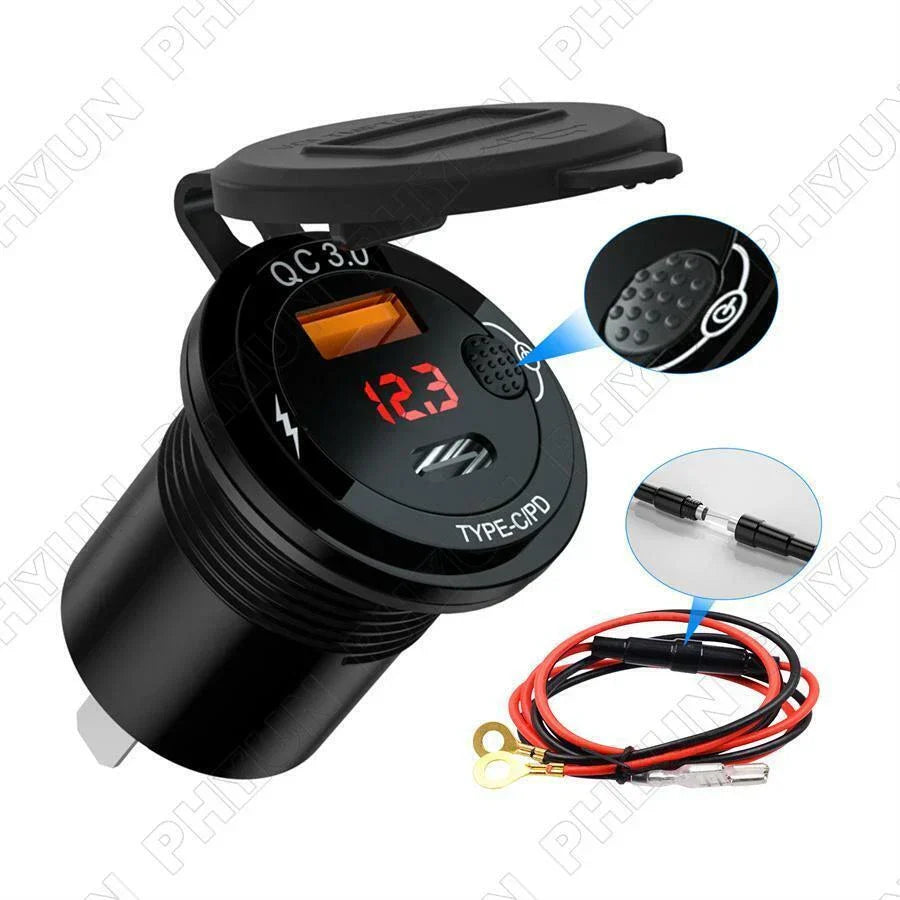 12V USB Type-C Charger Adapter for Car Motorcycle QC 3.0 Power Outlet