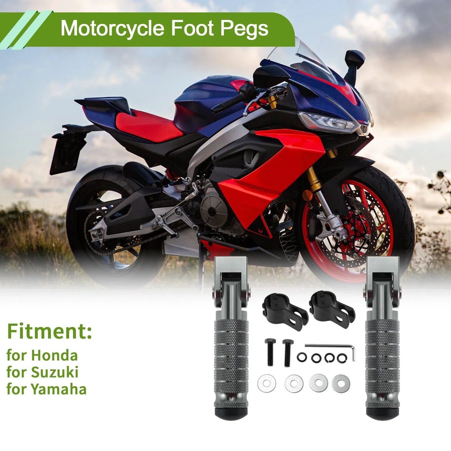 Motorcycle Foot Pegs for Honda, Suzuki, Yamaha - Titanium Tone