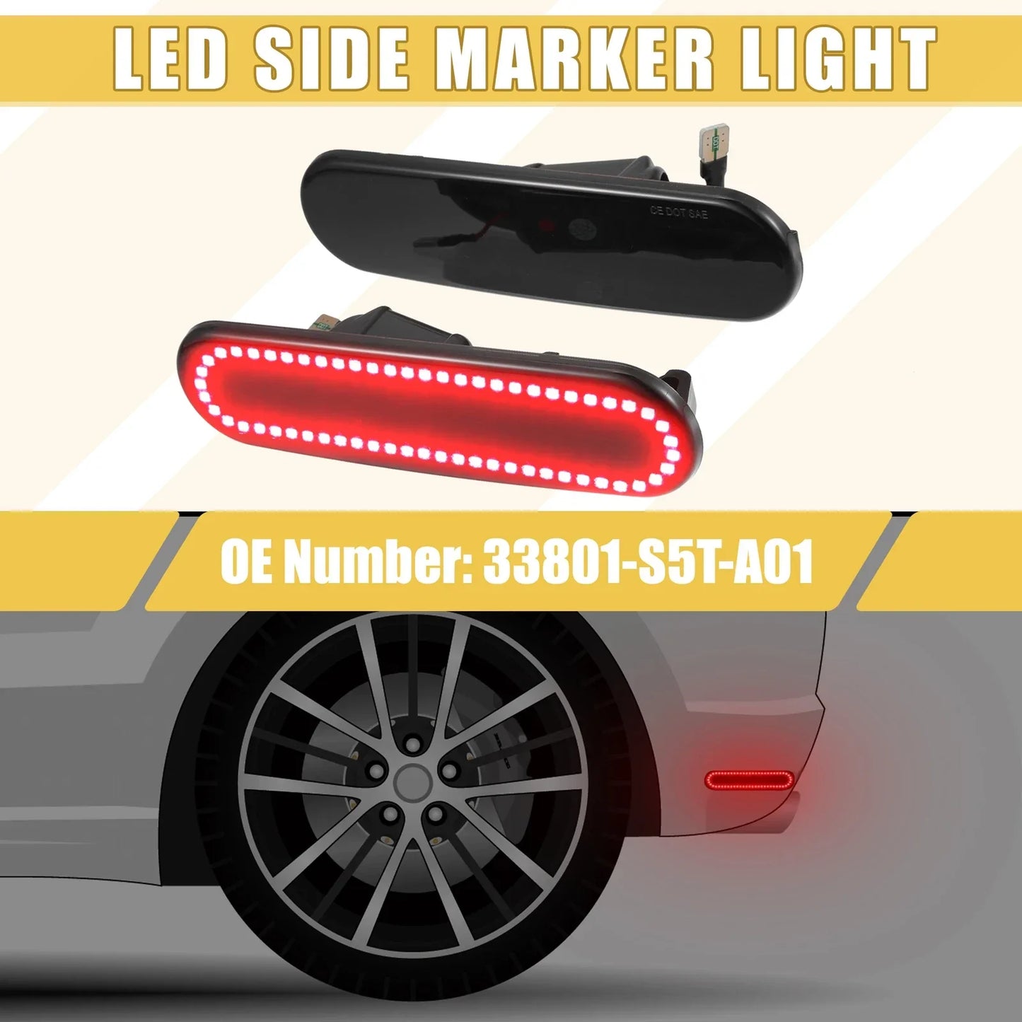 Rear LED Side Marker Light for Honda Civic (2016-2021) - 2 x Red Black Covers