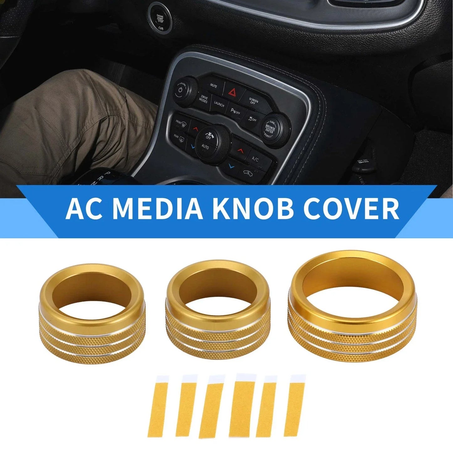 AC Media Tune Switch Knob Cover Ring for Dodge Challenger (2015-2019) - 3 x Gold Tone
