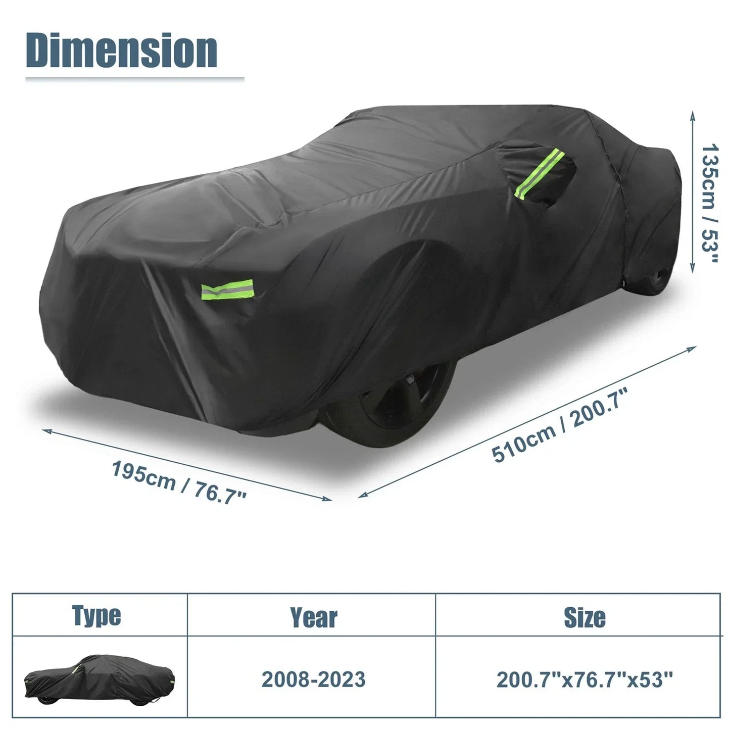 Waterproof Car Cover for Dodge Challenger 2008-2023 with Zipper, Black