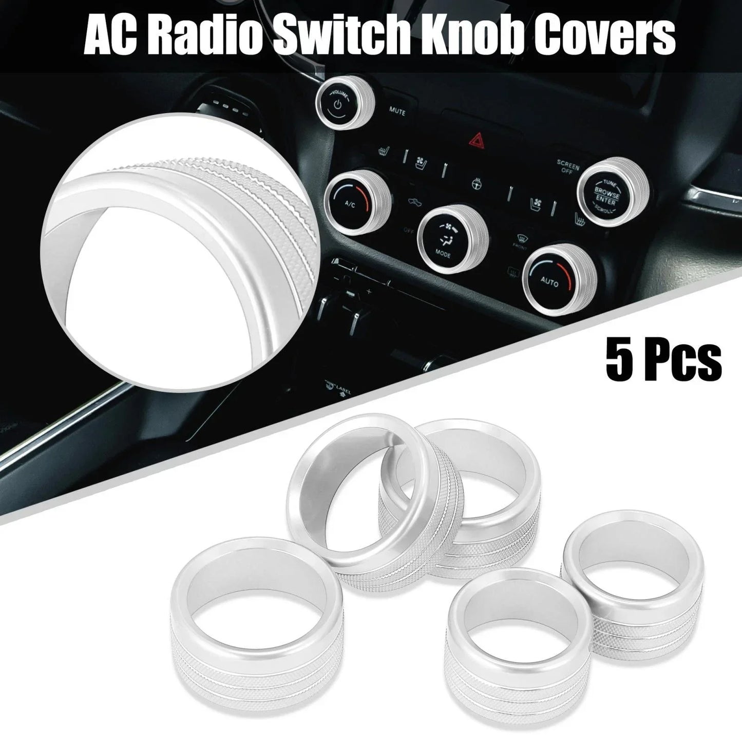 5 x Silver Tone AC Radio Switch Knob Covers for Dodge Ram 1500 (2018-2020)