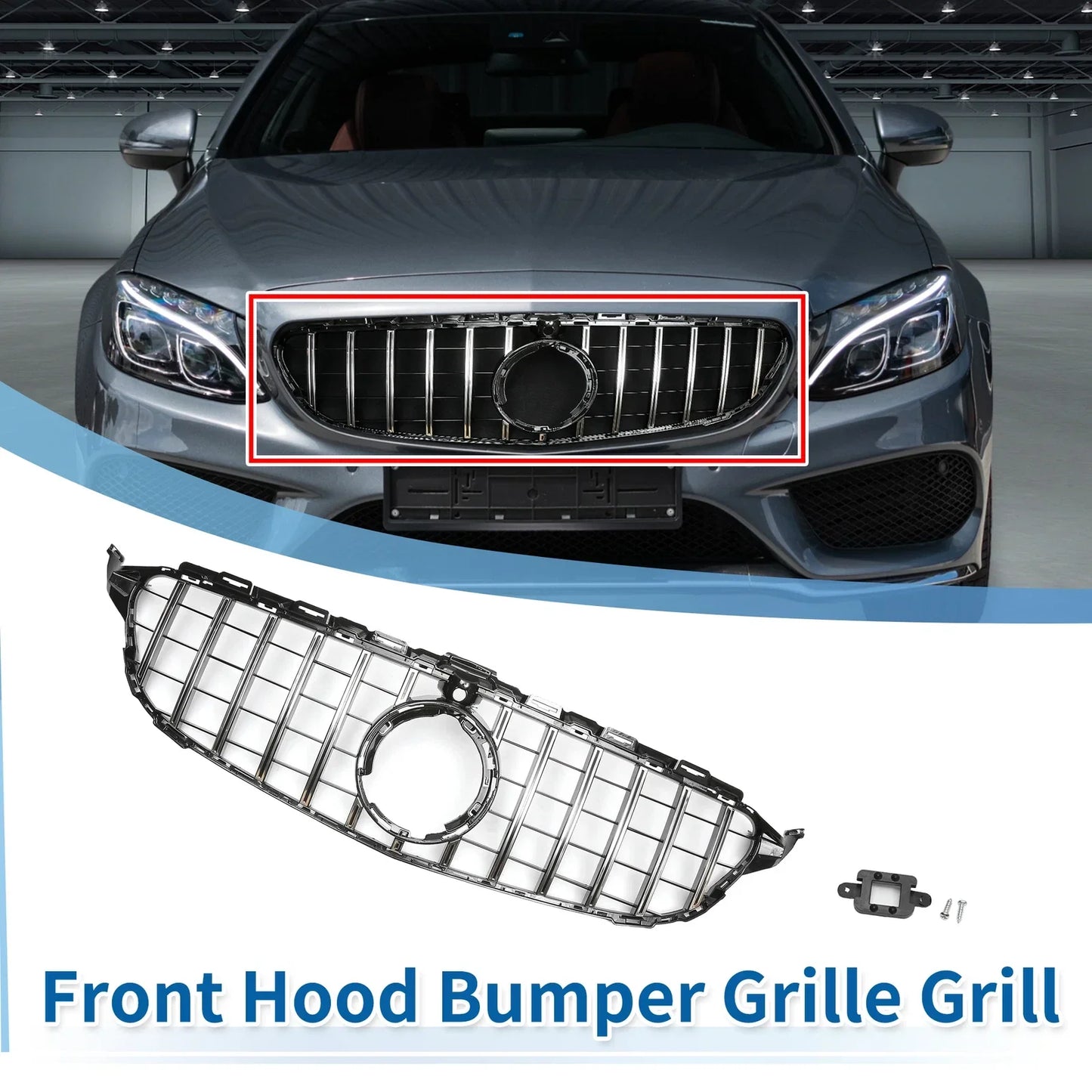Front Upper Bumper Grille for Mercedes-Benz C180 Chrome Silver Tone
