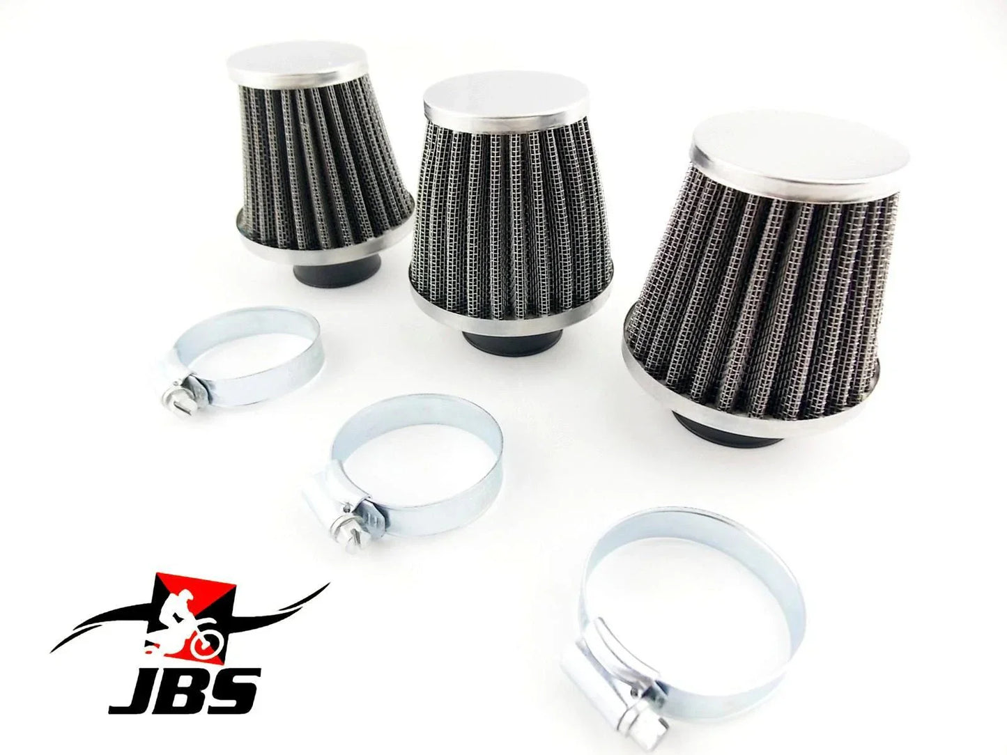 3 x KAWASAKI KH250 JBS HI FLOW 35mm CHROME POD AIR FILTERS (1974-1976)