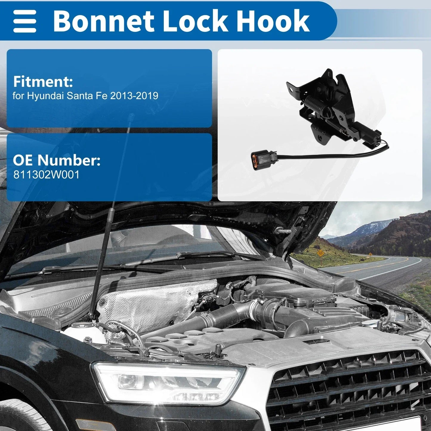 Hood Latch Assembly for Hyundai Santa Fe (2013-2019) 1 x Quality Replacement