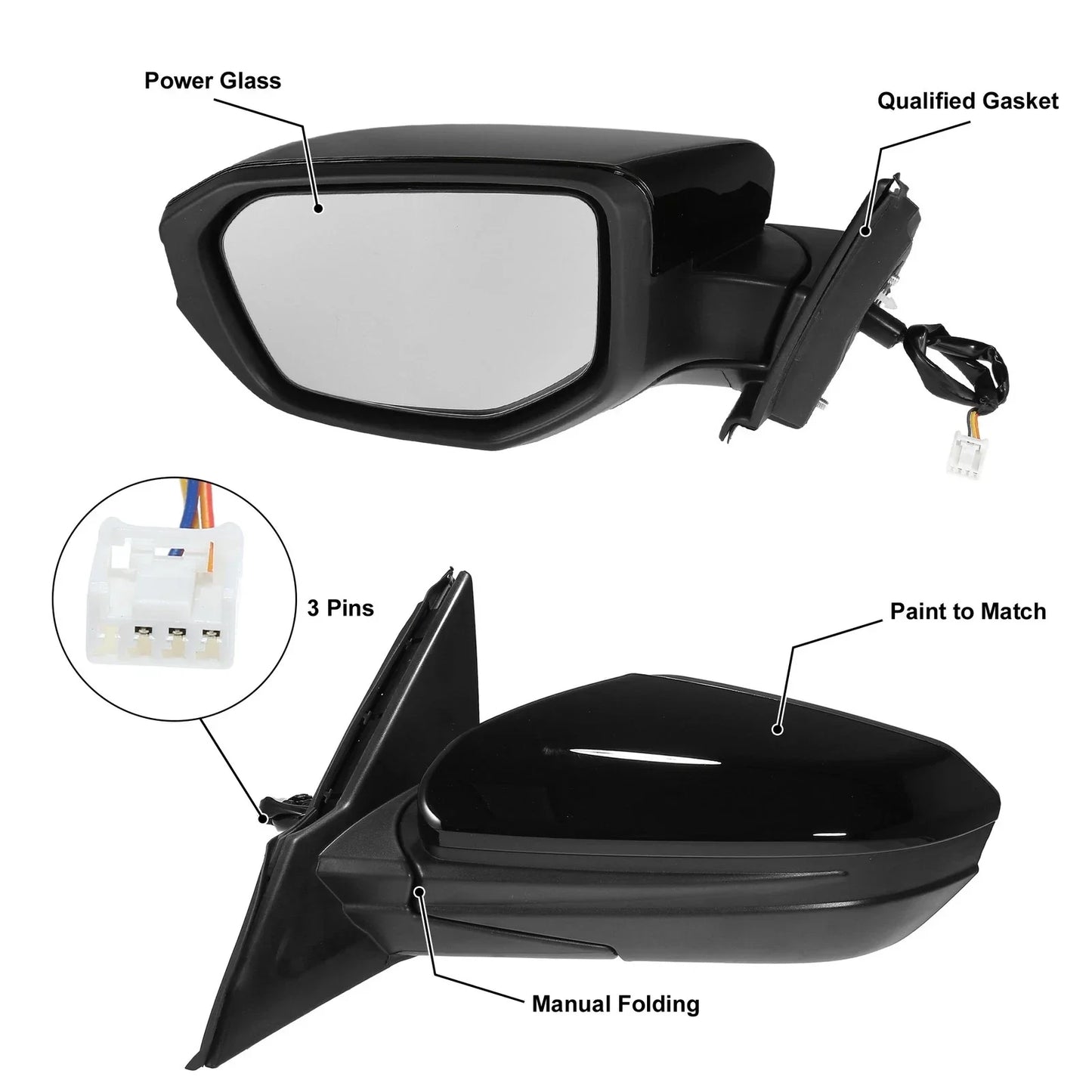 3 Pin Left Side Exterior Door Mirror Assembly Black for Honda Civic (2016-2021)