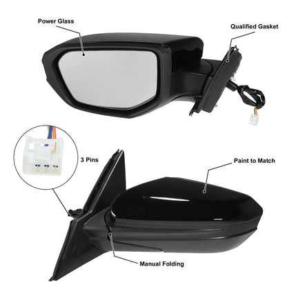 3 Pin Left Side Exterior Door Mirror Assembly Black for Honda Civic (2016-2021)